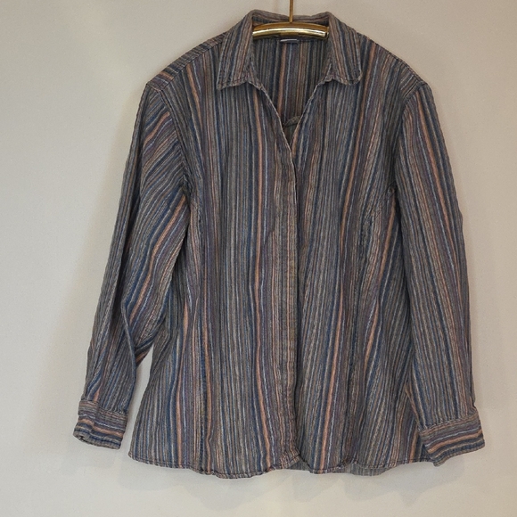 Dress Barn Tops - Dressbarn Blue Multi-Color Striped Cotton Button Up Shirt Sz 1X